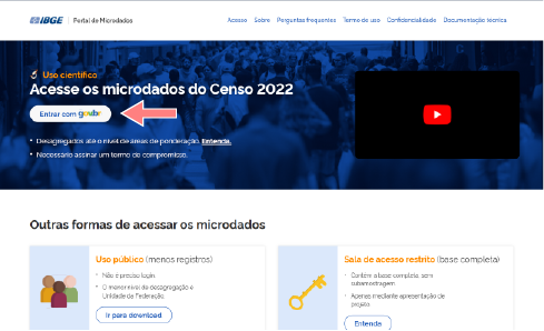 Página inicial do site dos microdados, com destaque para o botão de login do gov.br