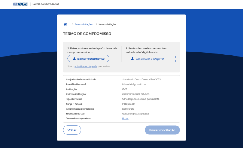 Tela com o termo de compromisso